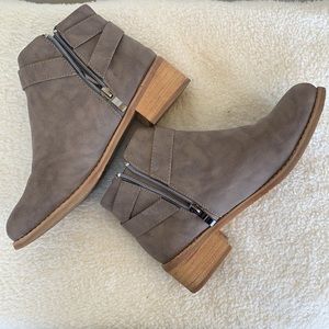 Taupe block heel ankle booties